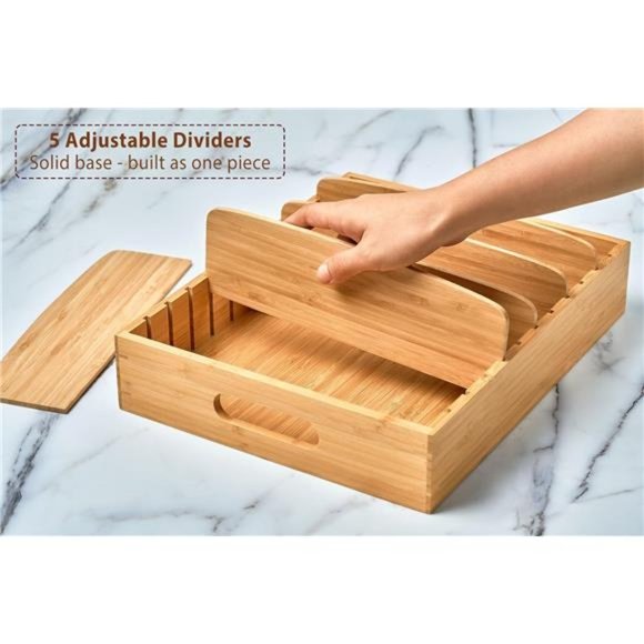 Kitchen Cabinet Organizer with Adjustable Dividers, Bamboo Drawer Caddy, Box - Picture 5 of 7